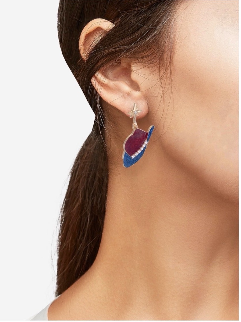 Way to Celestial Western Hat Drop Dangle Earrings in Red & Blue Star Studs NWT - Picture 3 of 3